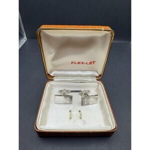 Vintage Flex-Let Silver Tone Rhodium Finish Art Deco Cufflinks In Leather Case